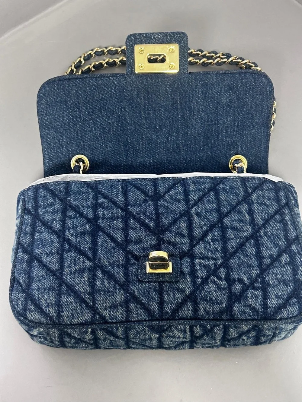KARL LAGERFELD PARIS Blue Quilted Turn Lock Chain Strap Shoulder Bag